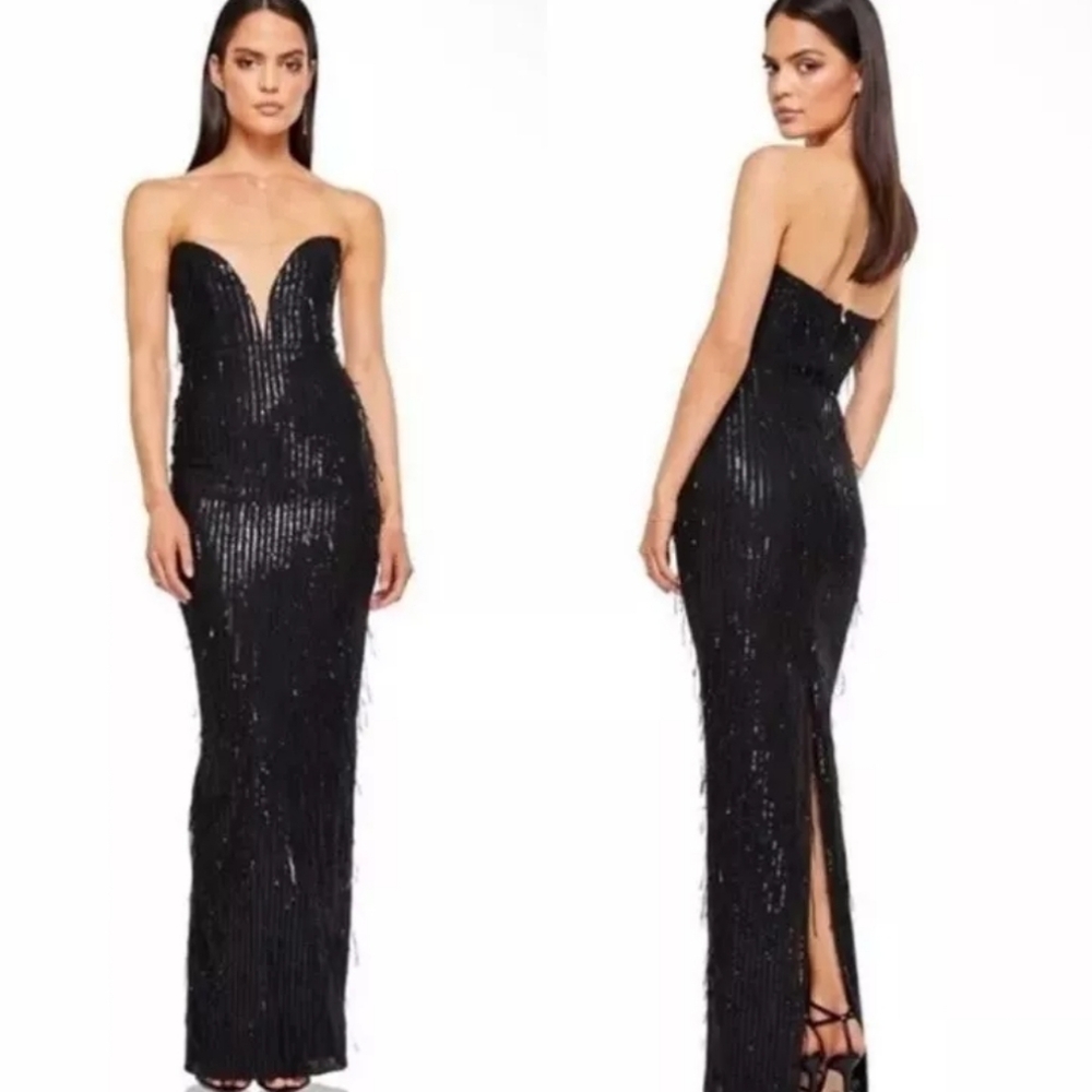 Nookie Karma Gown Strapless Fringe Sequin Dress Black Size XS